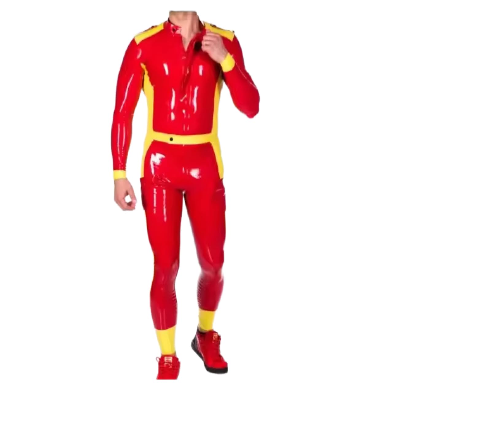 Latex Rubber 100% Gummi Red and Yellow Stitching Front Concealed Zipper Jumpsuit Racing Suit 0.4mm XS-XXL