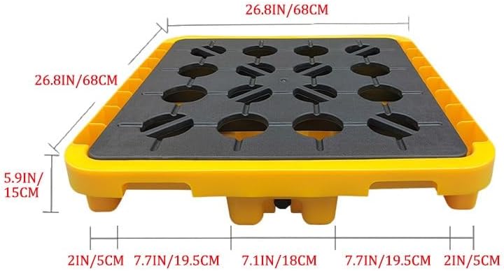 Industrial Spill Containment Pallet with Drain, Modular Drum Capacity Platform for Oil & Chemical Safety, Stackable Grating Tray for Factory & Warehouse,26.8x26.8x5.9IN Yellow-1pcs