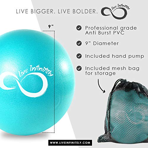 Live Infinitely Professional Grade 9 Inch Anti-Burst Mini Pilates Ball For Home Exercise, Balance Training, Yoga & Barre Workout – Includes Hand Pump, Needle Valve & Mesh Carrying Bag (Teal) #TOP3