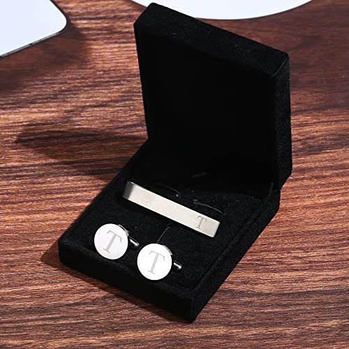 Image of LOYALLOOK Initial Cufflinks and Tie Clip Set for Men Silver Personalized Cuff links and Tie Bar Letter Alphabet A-Z Gift for Father Husband Valentine Gifts for Men