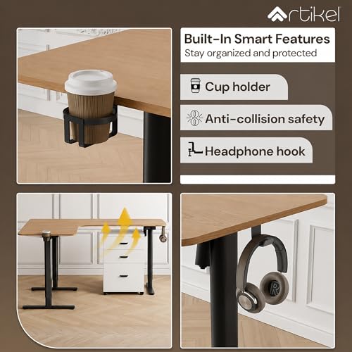Image of ARTIKEL Elle L-Shaped Electric Height Adjustable Executive Desk for Office & Home | Ergonomic Sit-Stand Desk with Cup Holder & Headphone Hooks | 100 Kg Load Capacity (160 x 140 x 60 cm)