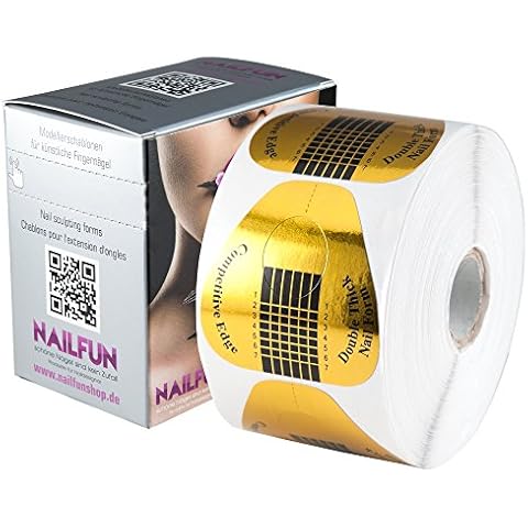 NAILFUN 1 Rolle = 500 Stück selbstklebende Double-Thick Modellierschablonen extrabreit Gold + Schablonen Spenderbox Cover