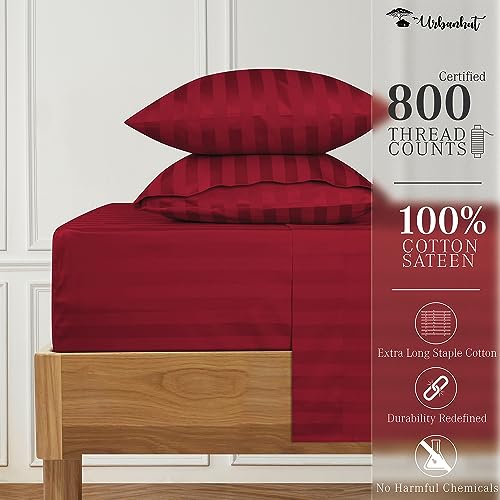 URBANHUT 800 Thread Count Egyptian Cotton Damask Striped Twin Size Sheets Set (4 Pc) - Ultra Soft & Smooth, Sateen Weave Twin Size Bed Sheets, Luxury Hotel Sheets with 16" Deep Pocket - Burgundy