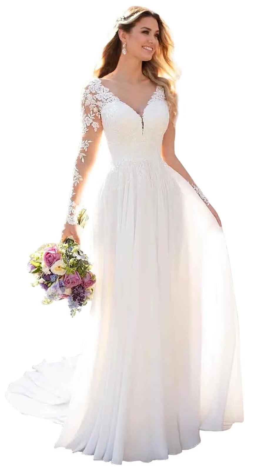 ClothfunWomen's V-Neck Lace Beach Wedding Dresses for Bride 2024 Long Sleeve Chiffon Bridal Gowns