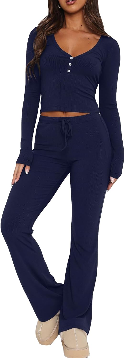 REVETRO Lounge Sets For Women Spring Sexy V Neck Pajama Set Long Sleeve Shirts 2 Piece PJ Set Y2k Workout Sets For GYM