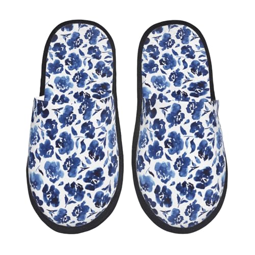 Blue Ink Flowers Print Women Slippers Home Furry Shoes Keep Men Couples Shoes Warm For Women-