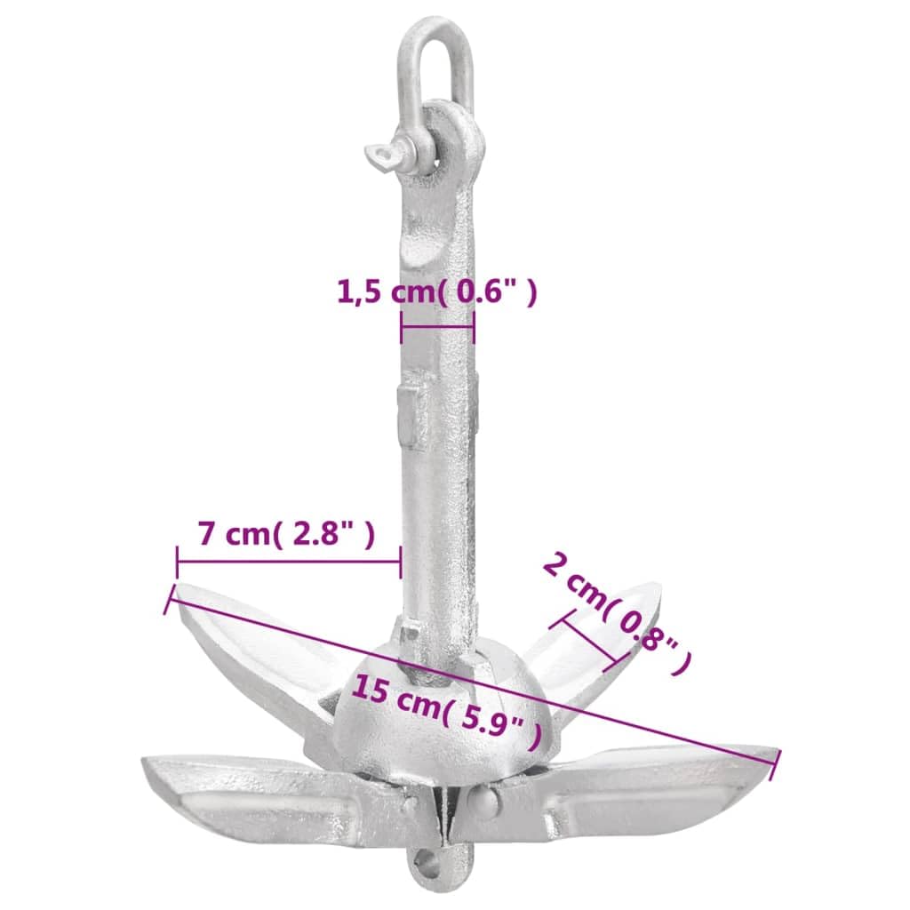 Anclaje plegable con cuerda, plata de 0,7 kg, hierro fundido galvanizado, 4 hoyuelos, anclajes para kayak, canoa, barco inflable, velero, barco a motor, seguro amarre al agua