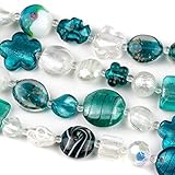 Cherry Blossom Beads Handmade Lampwork Glass Aqua and White Mixed Beads - Bulk 4 Assorted 8-Inch Strands