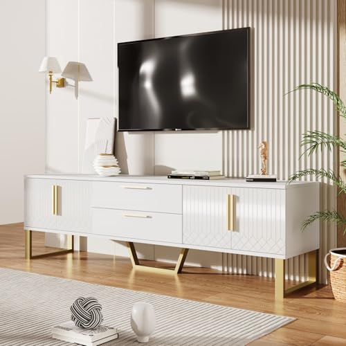 YEHTOKHOME Meuble TV Moderne avec 4 Portes de Placard et 2 Tiroirs, Meuble Tele Fond, Poignées et Pieds Dorés, pour Salon, Chambre à Coucher (Blanc)