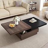 Modern Coffee Table with Hidden Storage, Creative Rotating Top Center Cocktail Table for Living Room Office Furniture, Black & Brown