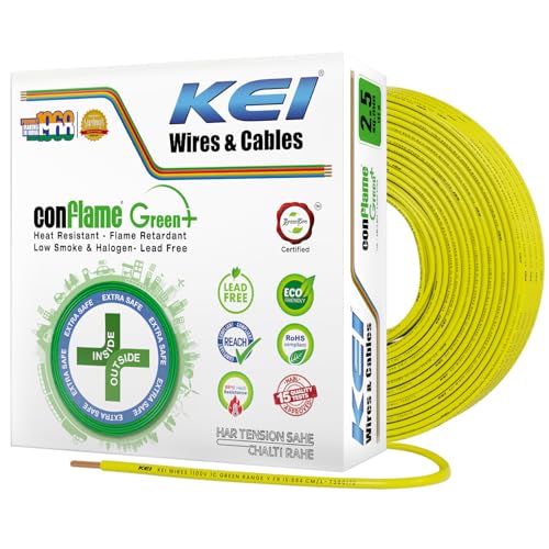 Image of KEI CONFLAME GREEN PLUS 2.5 sqmm 1 Core, 99.97% Pure Copper Conductor,FRLSH - Lead Less Insulation House Wire Suitable for Domestic & Industrial Electrical Wiring (Yellow, 180 Meters)