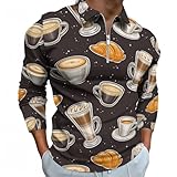 Buewutiry Polo de manga larga para hombre, estampado de pan y café, camisetas casuales de golf de otoño con cremallera, estilo 9, S