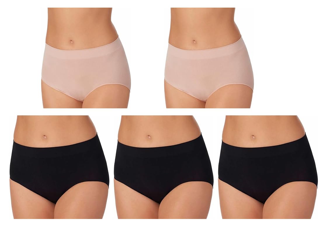 Carole Hachman Ladies 5pk Seamless Brief, Black/Nude, M-L
