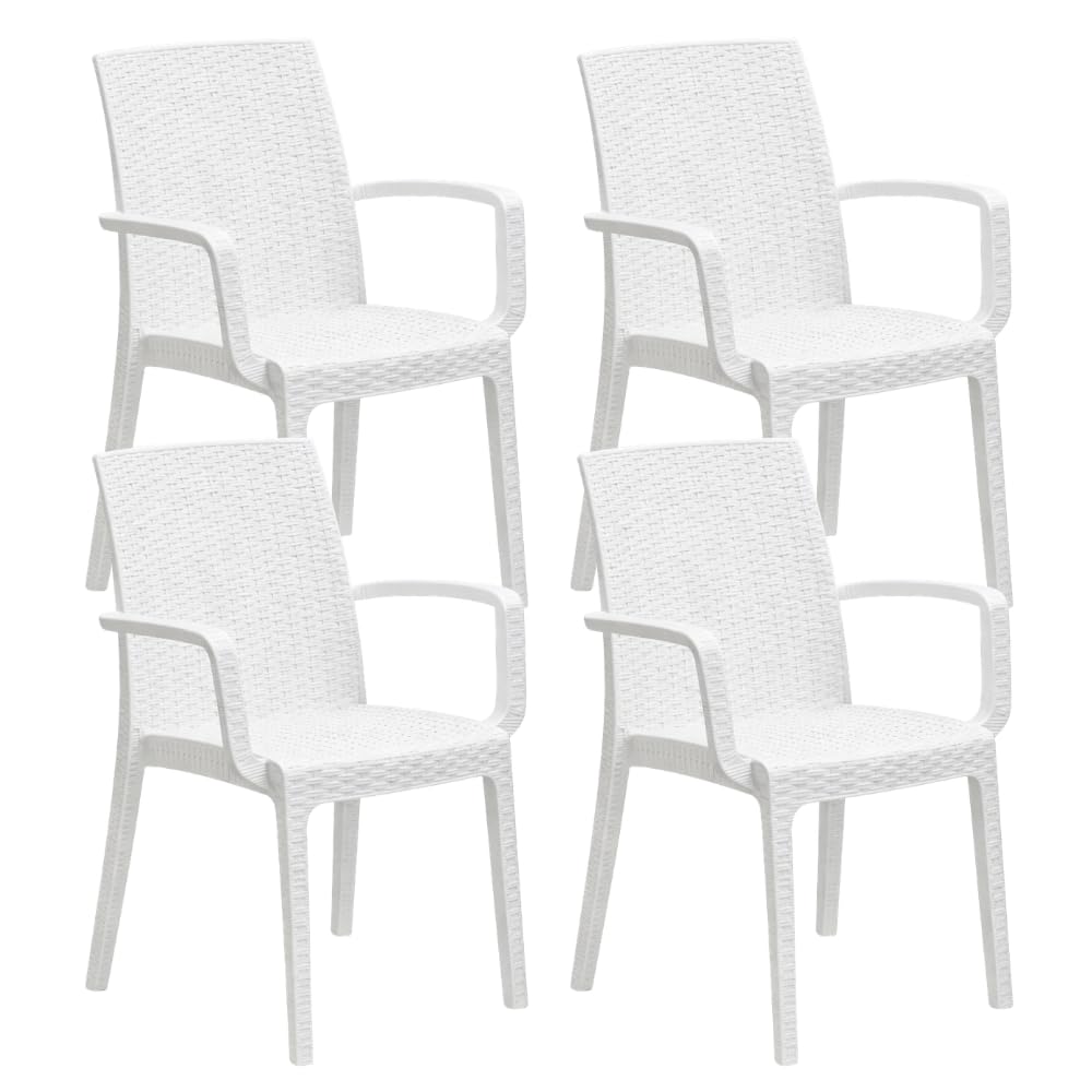 PALUPLUS Set 4 Sedie da Giardino con Braccioli in Polipropilene effetto Rattan colore BIANCO, misura 59x57x86 cm, Sedia Impilabile per Esterno ed Interno -VEROARM930F-18,8
