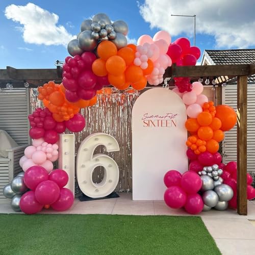 Image of Pink and Orange Balloon Arch Kit, 180Pcs Hot Pink Orange Metallic Silver Latex Balloon Garland kit, 18 12 10 5 Inch Different Size Balloons for Birthday Baby Shower Wedding Party Decorations