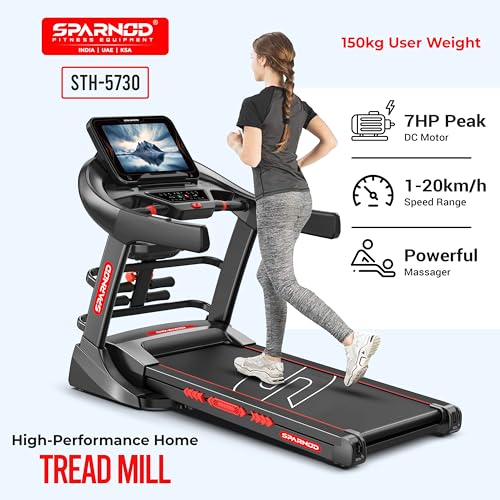 Image of Sparnod Fitness STH-5730 High-Performance Treadmill, 7HP Peak DC Motor, Auto Incline 15.6 inch Touch Screen, Bluetooth Speaker, Hydraulic Foldable Running Machine for Gym, 150Kg Capacity, Shock Absorption