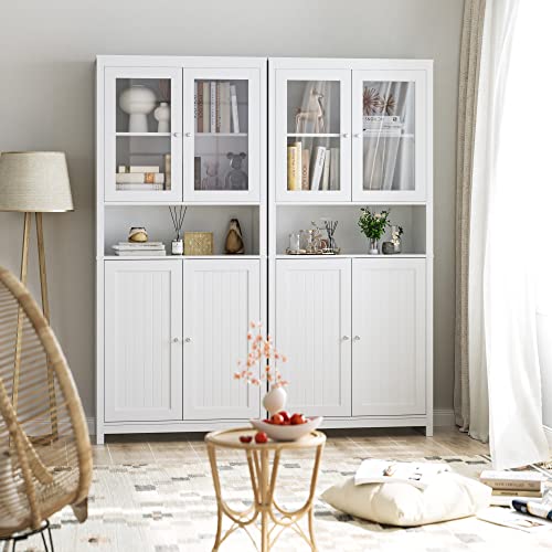 FOREHILL 190cm Kitchen Cupboard Freestanding Tall Storage Cabinet Kitchen Sideboard Organizer, Display Cabinet with 2 Glass Doors for Dining Room Living Room, White - Image 2