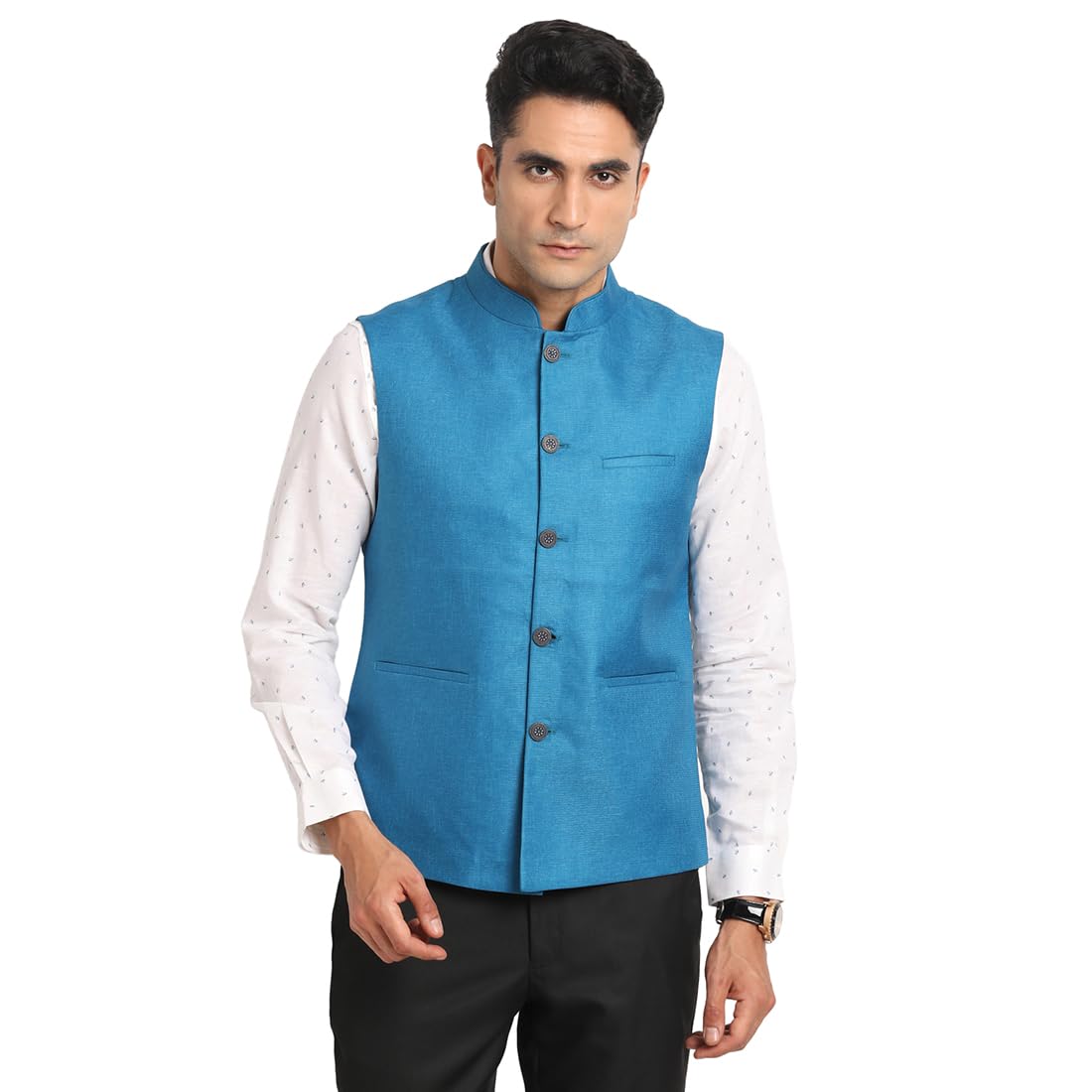 turtle Men Polyester Solid Slim Fit Teal Blue Nehru Jacket-picture-30