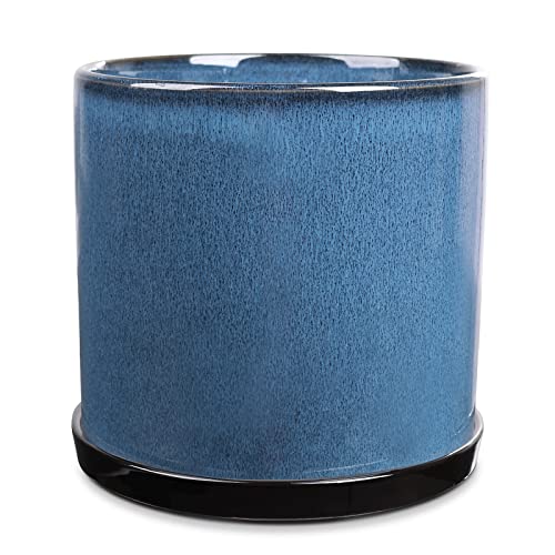Ingofin Ceramic Plant Pots - 10 Inch Planter With Drainage Hole, Round Flower Orchid Succulent Pots For Indoor Or Outdoor Plants Flower, Elegant Retro Black & Blue #TOP24