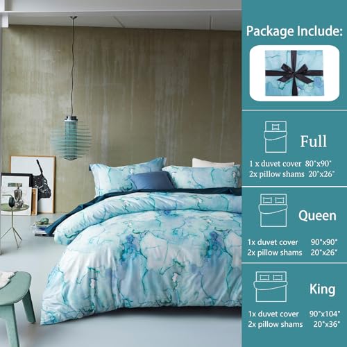 MILDLY Duvet Cover Set Full Size 100% Cotton Aqua White Watercolor Marble Pattern Comforter Cover Set Printed Reversible Soft Breathable Bedding Set