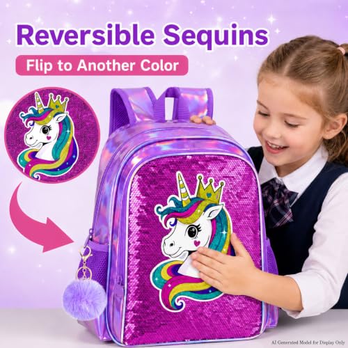 Image of CCJPX 16 inch Unicorn Backpack for Girls, 3Pcs Kids Sequin Bookbag with Lunch Box, Water Resistant Elementary School Bag for Kindergarten Preschool Toddler (Purple)