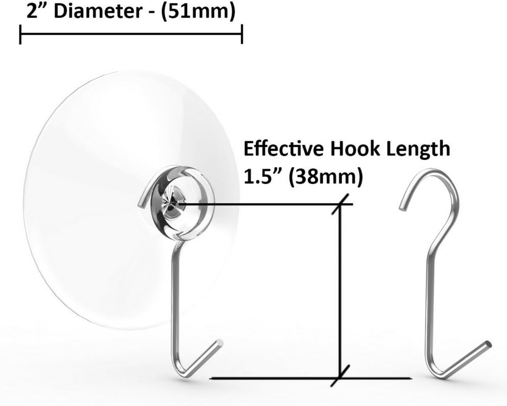 Suction Cup Hooks, Set of 12, 2" Clear Heavy Duty Cups W/Stainless Hook, Best for Bathroom, Kitchen & Windows - Super Strong Pads Makes Them Ideal for Outdoor Wreaths & Bird Feeders (12)