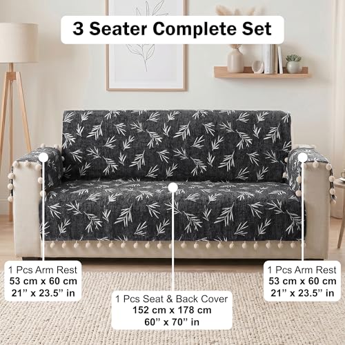 Image of Story@Home Chenille Sofa Cover 3 Seater Fully Covered with Back Covers (152x178Cm) & Arm Rest Covers | Anti Slip Sofa Mat for 1 /2 /3 Seater & L Shape Sofa Cover - Slate & Snow