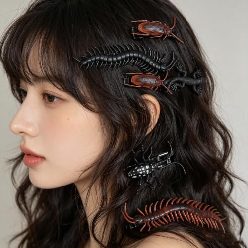 Halloween Prank Hair Clips,5 pack Realistic Fake Centipede Cockroach Gecko Longhorn Beetle Hair Barrettes, Scary Insect Hair Accessories for Women Cosplay Costume Party Favors image 5