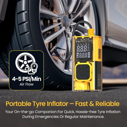 Image of Portronics Vayu 3T Transparent Portable Tyre Inflator 150 PSI with Dual 2000mAh Rechargeable Battery, Digital Display, Auto Shut-Off, LED Light with 2 SOS Modes, Type-C Air Pump for Car, Bike &Bicycle