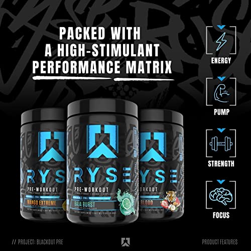 Ryse Project Blackout Pre Workout | Pump, Energy, And Strength | With Caffeine, Vitacholine, Nitrates, And Theobromine | 25 Servings (Baja Blast) #TOP3
