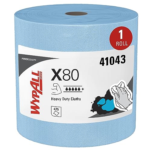 WypAll PowerClean X80 Cloths Heavy Duty Wipes (41043), Jumbo, Extended Use Towels, Blue (1 Roll of 455 Sheets, 455 Sheet Total)