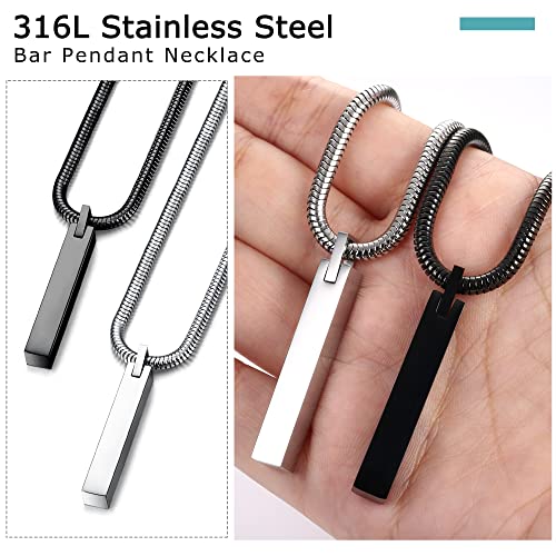 JeweBella 2PCS Halskette Quader Edelstahl für Herren Silber/Schwarz Bar Anhänger mit SchlangenKette 61CM Edelstahl Quader Kette für Männer Damen Schmuck Geschenk
