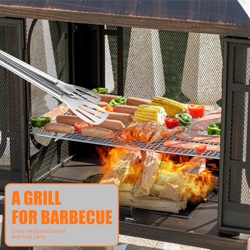 45" H×31''W Metal Chiminea Fire Pit with Grill, Wood Burning Fire Pits for Outside,Square Chimineas Fireplace with Mesh Spark Screen Door& Fire Poker for Garden,Yard,BBQ,Bonfire (Black&Gold)