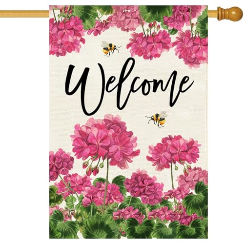 Baccessor Spring Summer Geranium Welcome House Flag Double Sided Burlap,Pink Floral Bee Large Garden Flag Seasonal Farmhouse Front Entry Yard Porch Patio Outside Outdoor Decor 28x40 Inch
