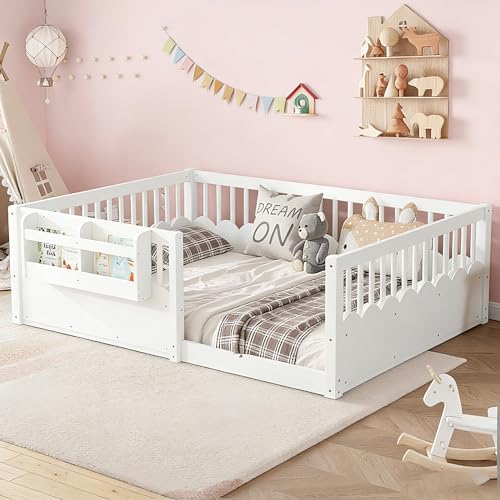 Image of Bellemave Full Size Kids Montessori Floor Bed,Solid Wood Floor Bed Frame with Bookshelf and High Fence for Kids,Girls,Boys,White