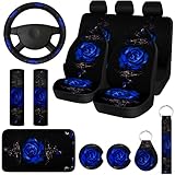 15 Pcs Rose Art Flower Car Seat Covers Full Set for Women Rubber Steering Wheel Cover Armrest Cover Seatbelt Covers Polyester Fabric Front Seat Rear Backrest Cover Bottom Cover Universal (Blue)