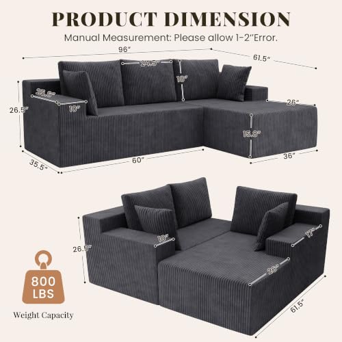 Image of GRUSIGN Cloud Sectional Boneless Couches for Living Room, Modular L Shaped Couch with Deep Seat Oversized Right Facing Chaise, Memory Foam Compressed Spineless 3 Seater Sofa, Wide-Striped Grey