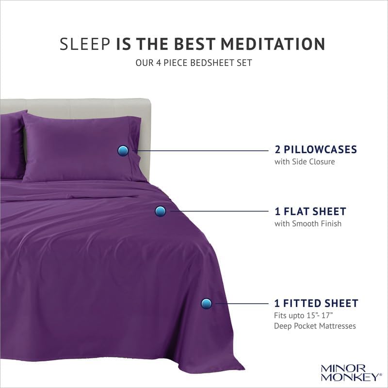 100% Egyptian Cotton Queen Size Sheets - 1000 Thread Count 4 Piece Bedsheet Set Soft Breathable & Cooling Sheets for Queen Size Bed - Elasticized 16" Deep Pocket Sheet Set (Plum) - Image 4