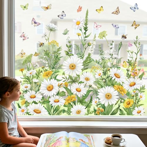 wondever Fenstersticker Frühling Gänseblümchen Fenster Aufkleber Blumen Weiße Schmetterlinge Sommer Fensterbilder Blumenwiese Fensteraufkleber Anti-Kollision Doppelseitig Glasaufkleber Glas Deko