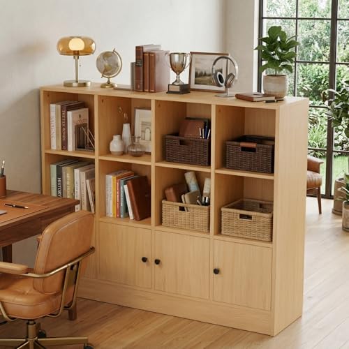 Image of DIYART Oak Bookshelf, Wood Bookcase with 3 Tier Shelves, 12 Cube Storage Organizer with Doors for Bedroom, Living Room, 47.8 inch W x 39.1 inch H