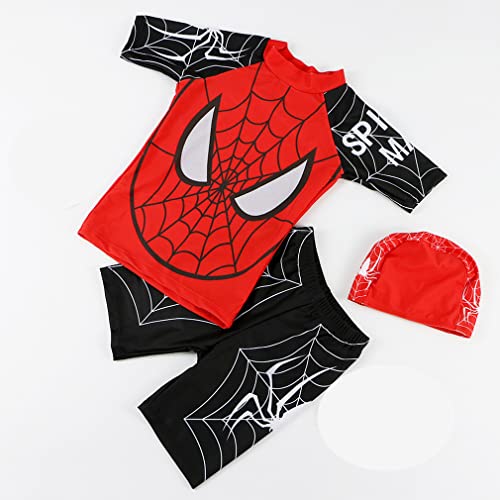 Focnigo Boys Superhero 2 Piece Swimsuit Kids Short Sleeve Rash Guard Shirt And Swim Trunks Set With Swimming Cap (6Years-7Years, Black) #TOP2