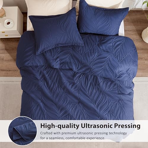 EXQ Home Quilt Set Full Queen Size Navy 3 Piece,Lightweight Soft Coverlet Modern Style Leaf Pattern Bedspread Set(1 Quilt,2 Pillow Shams)