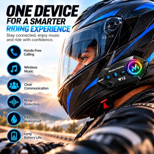 Image of Y12 Bluetooth Motorcycle Helmet Headset, Hands-Free HD Calling, HiFi Music, GPS Voice, FM Radio, Voice Assistant, IP67 Waterproof, Android & iOS, Fits Full-Face, Universal Helmet Compatibility