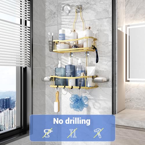 Image of Aitatty Hanging Shower Caddy Bathroom Organizer: Rustproof Shower Shelf Racks Over Shower Head - No Drilling Inside Bath Shower Rack Shelves Over Showerhead for Shampoo with Soap Holder Gold