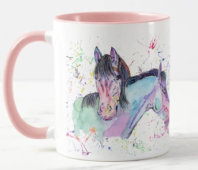 Vixar Horses Horse Farm Animal Watercolour Art Coloured Mug Cup Gift Birthday Work Office Christmas Tea Coffee (Pink)