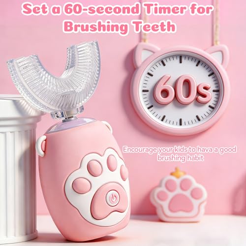 KAQINWX Kids U Shaped Electric Toothbrush for Age 2-12, Rechargeable Toddler Toothbrush with Smart Timer & 3 Clean Modes, Cat's Claw Design, IPX7 Waterproof, 3 Brush Heads & 360°Cleaning — view 5