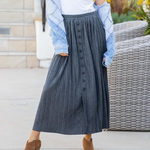 Lmdudan 2025 Womens Elegant Long Pleated Skirts Trendy Button Flowy Bohemian Skirt Elastic High Waisted Work Office Skirts3