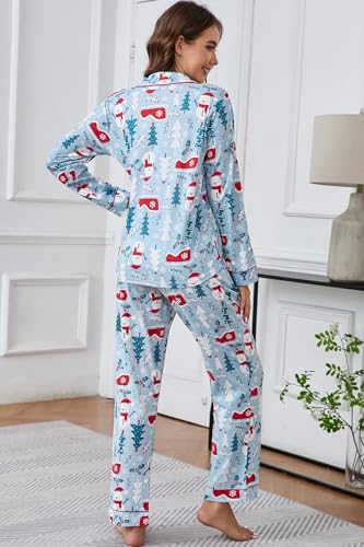 Image of LUBOT Christmas Pajamas for Women 100% Cotton Pajama 2 Piece PJ Set Soft Long Sleeve Button Xmas Print Loungewear XS-XXL
