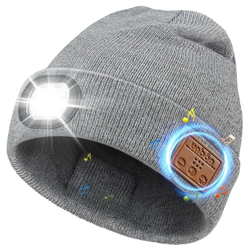 UNBON Bluetooth Beanie for Men Bluetooth Beanie Hat with Light Headphones Mens Birthday Gifts for Men Teen Boys Dad Grey