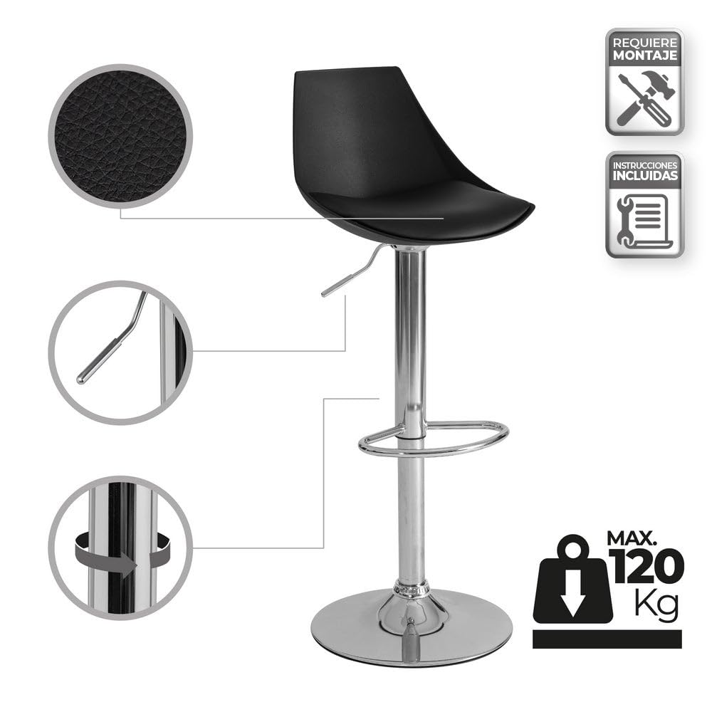 Taburete alto de cocina regulable en altura negro y metal con respaldo alto | Asiento acolchado y tapizado en poliel. Respaldo alto rígido. Altura ajustable de 83 a 104 cm. Resiste hasta 120 kg